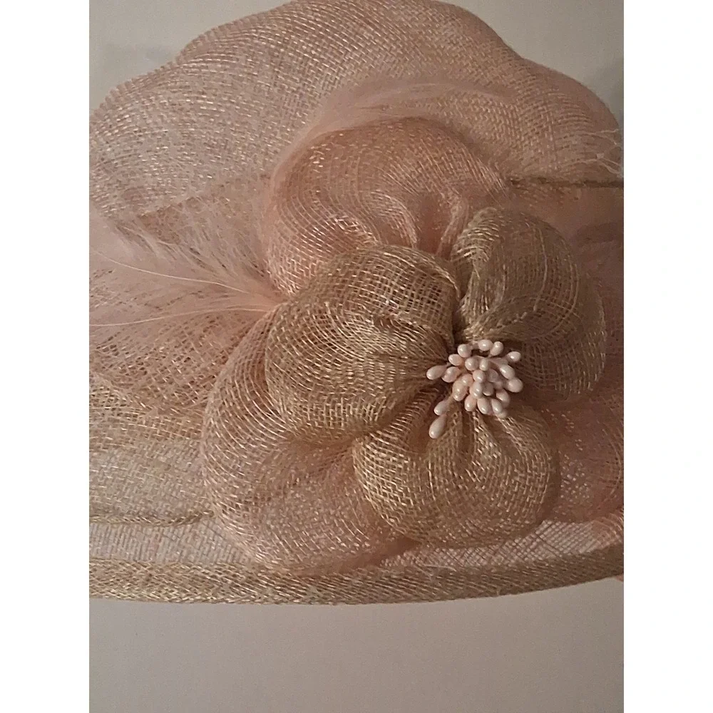 Women's Sinamay Cloche Pink Derby, Church, Wedding Hat Bow Netting Feathers
